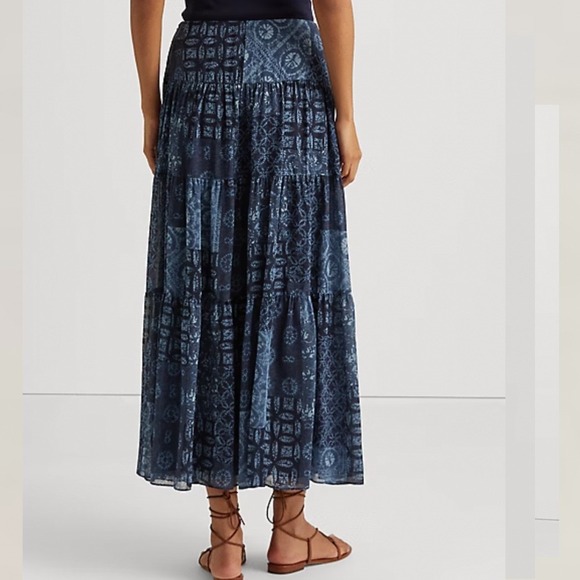 Lauren Ralph Lauren Geo Print Crinkle Georgette Skirt Tiered Maxi Blue 16 Boho - Picture 3 of 7
